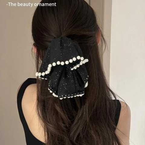 Elegant Black Bowknot Hair Claw Clip With Faux Artificial Pearl Edge Shimmering Fabric Hairclip For Women French Style Hair Accessories