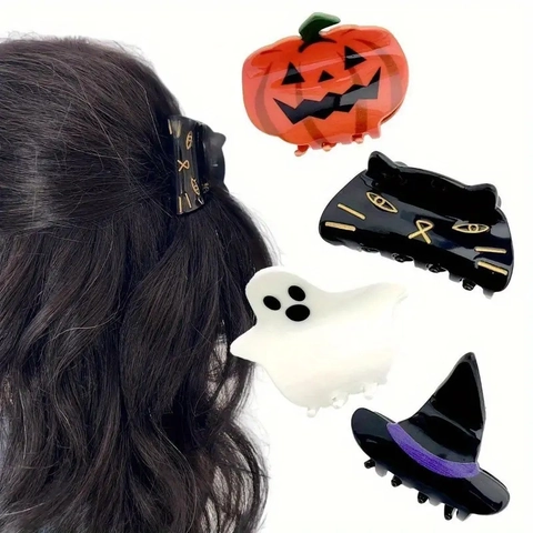 Fermagli per Capelli Halloween in Acrilico Fantasma Zucca Gatto Nero Cappello da Strega Stile Scuro Accessori per Capelli Donna
