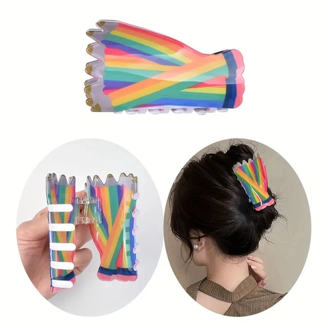 Creative Acrylic Rainbow Stripe Fruit Print Hair Claw Clip Pencil Triangle Ruler Shaped Hair Grip For Women Girls Everyday Styling