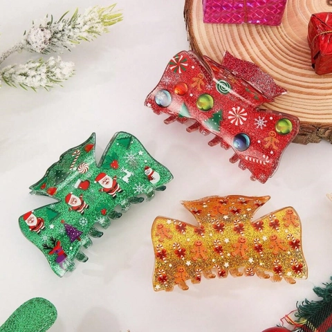 Pinza per Capelli Natalizia in Acrilico con Glitter per Donna Babbo Natale Alce Pupazzo di Neve Accessori per Capelli Festivi