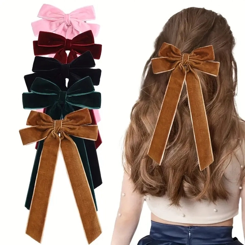 Sweet Long Ribbon Bow Hair Clip Velvet Duckbill Clip Elegant Handmade Hair Accessories For Christmas New Year Party Women