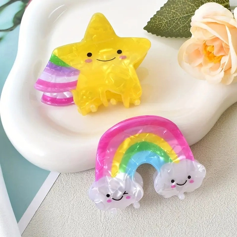 Dolci Fermagli per Capelli a Pinza in Acetato di Cellulosa a Forma di Cartone Animato Arcobaleno Stella Motivo Sorridente Gioielli per Donna