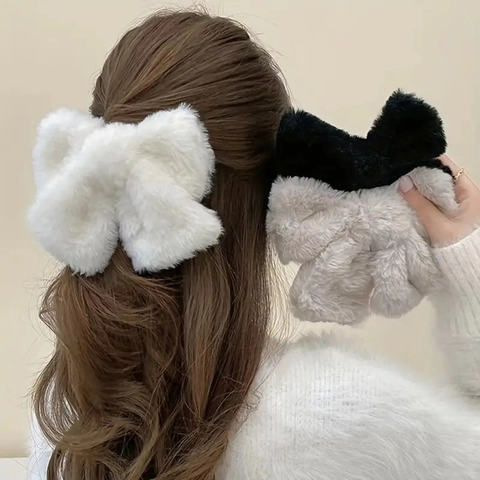 Pinza para el Pelo con Lazo de Peluche Grande Dulce Clip de Resorte de Piel Sintética Horquilla Elegante Accesorios para el Cabello Invierno Mujer
