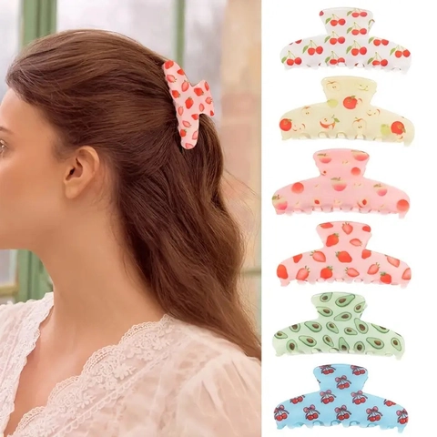 Pinza per Capelli da Donna Grande con Stampa Frutta in Acrilico Presa Forte Motivo Avocado Fragola Mela Ciliegia Pesca Accessori Capelli