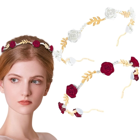 French Vintage Rose Flower Artificial Pearl Headband For Women Elegant Floral Gold Leaf Hair Band Christmas Party Jewelry