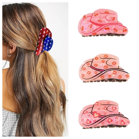 Cowboy Hat Shape Hair Claw Clip US Flag Cherry Lip Heart Print PVC Hair Accessory For Women Independence Day Party Headwear