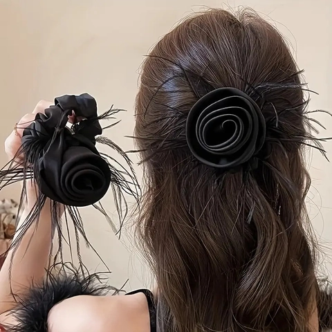 Schwarzes Satin Rose Haargummi Feder Dekorativer Großer Blumen Pferdeschwanz Halter Elegante Hochzeit Party Damen Haarschmuck