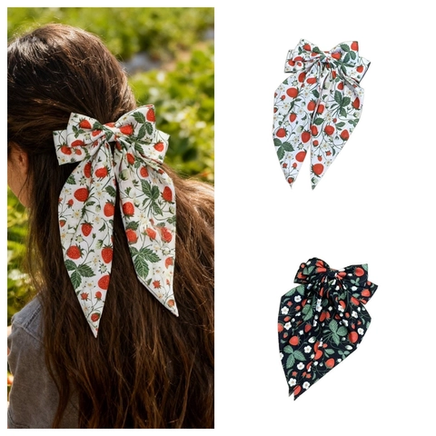 Aardbei Print Strik Haarclip Lang Lint Zoet Pastoraal Bloemen Fruit Haarspelden Bloem Haarklem Sieraden Voor Vrouwen