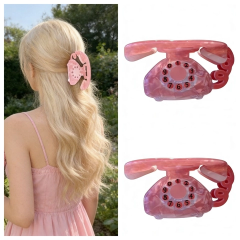 Retro Telephone Shape Numeric Dial Pattern Pink Acrylic Hair Claw Clip Sweet Fashion Hair Accessories For Women Daily Use