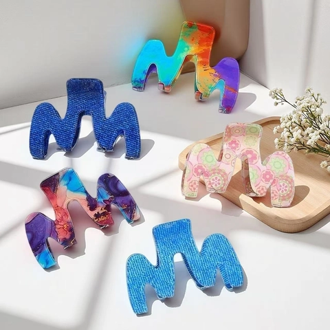 Bohemian M-Shaped Wave Hair Claw Clips For Women Colorful Tie-Dye Marble Denim Floral PVC Shark Clips Large Hair Accessories
