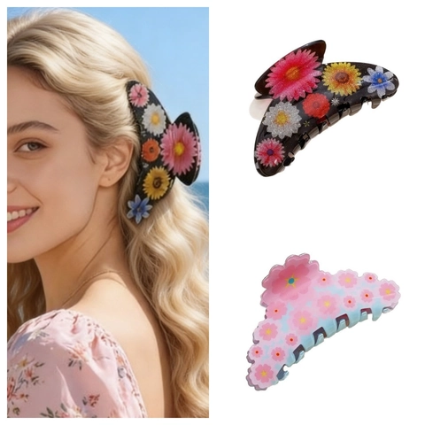 Pinza per Capelli Floreale Vintage Semicerchio Colorato Clip a Squalo Fatto a Mano in PVC Fermaglio per Donna Regalo Festa della Mamma