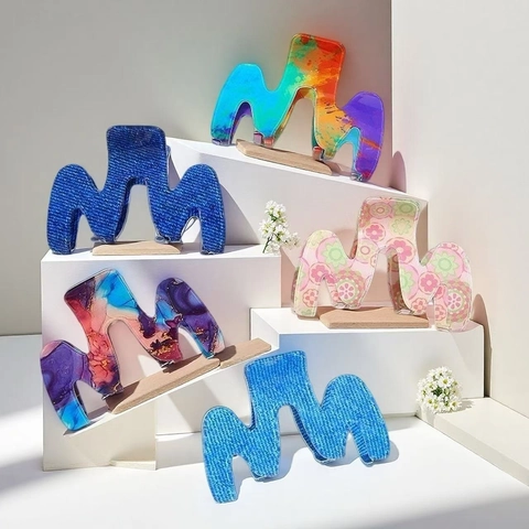 Bohemian M-Shaped Wave Hair Claw Clips For Women Colorful Tie-Dye Marble Denim Floral PVC Shark Clips Large Hair Accessories