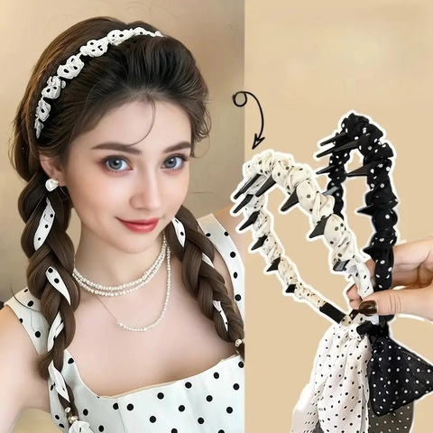 Damen Polka Dot Schleife Haarreif Mit Zähnen Rutschfest Stoff Haarband Retro Band Dekoration Süßes Haar Accessoires Elegant Kopfschmuck