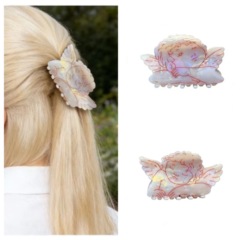 Pinza per Capelli Angelo Vintage Francese in Acetato Bianco Perla Artificial Cupido Ali Molla per Capelli Romantica Accessori per Donna
