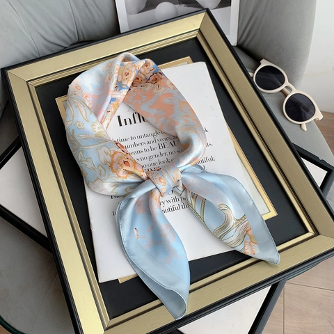Floral Print Satin Square Scarf For Women Soft Polyester Chiffon Decorative Head Scarf Neck Scarf Fashion Handkerchief