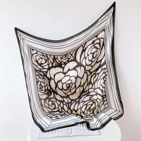 Women Elegant Camellia Print Square Satin Scarf Lightweight Chiffon Shawl Wrap Sun Protection Fashion Versatile Neck Scarf Accessory