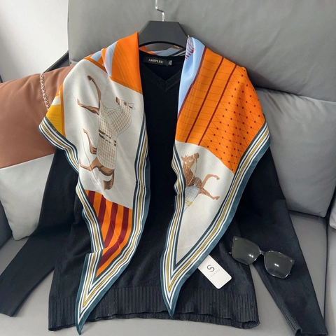 Dames Mode Satijn Polyester Sjaal Ruiter Paard Print Geometrische Kleurblok Halssjaal Dunne Sjaal Wrap Accessoires