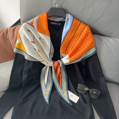 Dames Mode Satijn Polyester Sjaal Ruiter Paard Print Geometrische Kleurblok Halssjaal Dunne Sjaal Wrap Accessoires