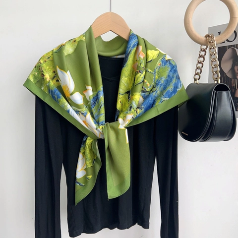 Damen Eleganter Lotus Blumenmuster Quadratischer Schal Polyester Seidenähnliches Halstuch Sonnenschutz Kontrastfarbe Wickelschal