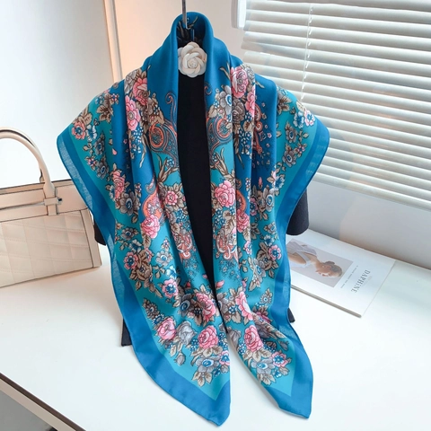 Foulard Quadrato Grande Donna Retrò Etnico Con Stampa Floreale Paisley Effetto Seta Satin Scialle Protezione Solare Viaggio