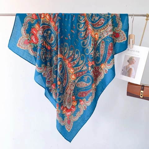 Women Ethnic Paisley Floral Print Scarf Retro Polyester Large Square Shawl Elegant Soft Wrap Daily Travel Accessory