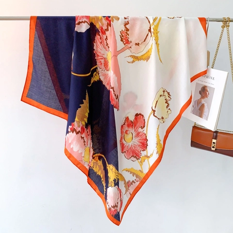 Damen Eleganter Polyester Fischgrät Quadratischer Schal Mode Bedruckter Botanischer Blumen Seidenähnlicher Dekoration Schal Für Damen