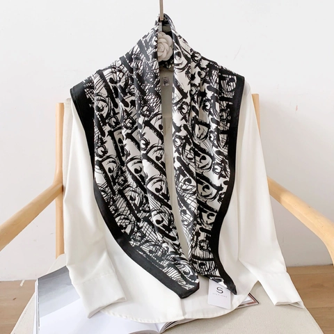 Elegant Letter Print Satin Square Scarf For Women Silk Feeling Abstract Pattern Lightweight Decorative Head Scarf Shawl Fashion Accessory