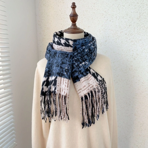 Damen Elegant Kaschmir-ähnlich Schal Hahnentritt Leopardenmuster Patchwork Schal Lang Warm Quaste Wrap Für Herbst Winter