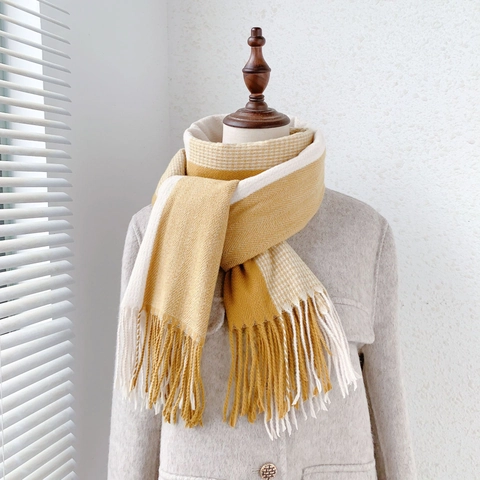 Zachte Imitatie Kasjmier Wintersjaal Dames Visgraat Patroon Kwastje Omslagdoek Kleurvlakken Warme Nekwarmer Zoete Stijl Accessoire