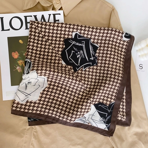 Elegant Houndstooth Rose Floral Print Polyester Satin Square Scarf For Women Vintage Decorative Fashion Head Scarf Neck Wrap