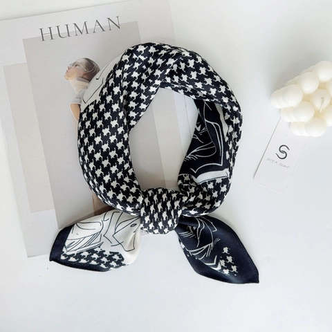 Elegant Houndstooth Rose Floral Print Polyester Satin Square Scarf For Women Vintage Decorative Fashion Head Scarf Neck Wrap