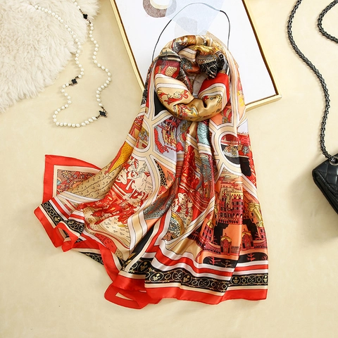 Elegante Sciarpa in Poliestere Stampata da Donna Grande Scialle Avvolgente Effetto Seta Satinata Con Motivo Floreale Equestre Per Regalo di Natale Capodanno