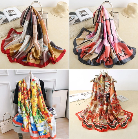 Elegante Sciarpa in Poliestere Stampata da Donna Grande Scialle Avvolgente Effetto Seta Satinata Con Motivo Floreale Equestre Per Regalo di Natale Capodanno