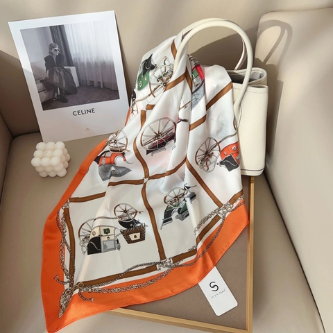 Vintage Horse Carriage Pattern Satin Square Scarf For Women Polyester Printed Chic Neck Scarf Fashion Wrap Accessory