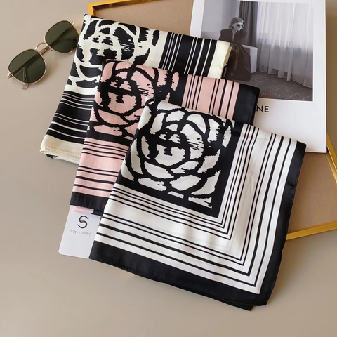 Elegante Pañuelo Cuadrado de Satén para Mujer con Estampado Floral de Camelia Moda Ligero Bufanda Grande para la Cabeza Cuello Accesorio