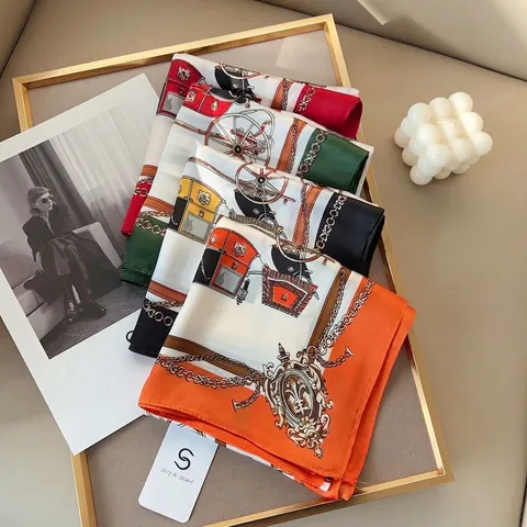 Vintage Horse Carriage Pattern Satin Square Scarf For Women Polyester Printed Chic Neck Scarf Fashion Wrap Accessory