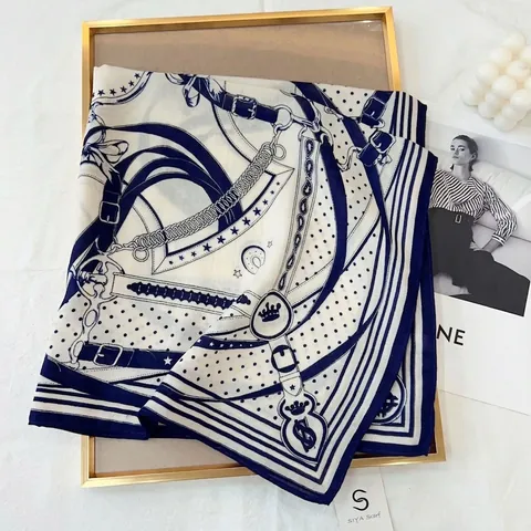Vintage Equestrian Horsebit Chain Print Square Scarf For Women Satin Feeling Fashionable Elegant Neck Kerchief