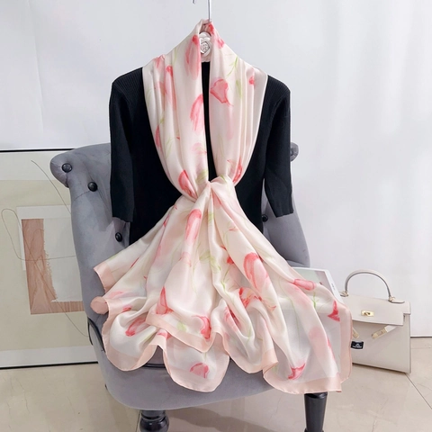 Women Fashion Polyester Satin Printed Scarf Simple Elegant Tulip Floral Print Long Scarf Shawl For Sun Protection