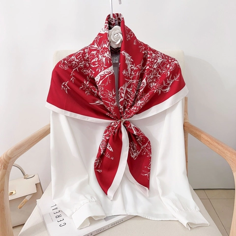 Elegant Floral Bird Print Square Scarf Women Polyester Satin Fashion Shawl Headscarf Lightweight Wrap Accessory For Office