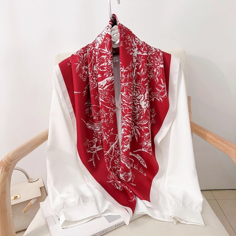 Elegant Floral Bird Print Square Scarf Women Polyester Satin Fashion Shawl Headscarf Lightweight Wrap Accessory For Office