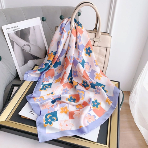 Mode Bloemen Schaakbord Print Vierkante Sjaal Satijn Textuur Hals Hoofdsjaal Voor Vrouwen Decoratieve Haarband Tas Accessoires