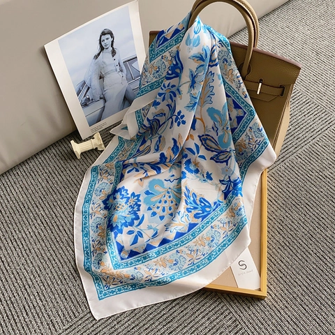 Elegant Vintage Floral Print Satin Square Scarf For Women Silk Like Professional Neck Scarf Fashionable Hair Wrap
