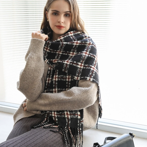 Women Plaid Checkered Scarf With Tassels Retro College Style Soft Warm Polyester Scarf Shawl For Autumn Winter Daily Wear