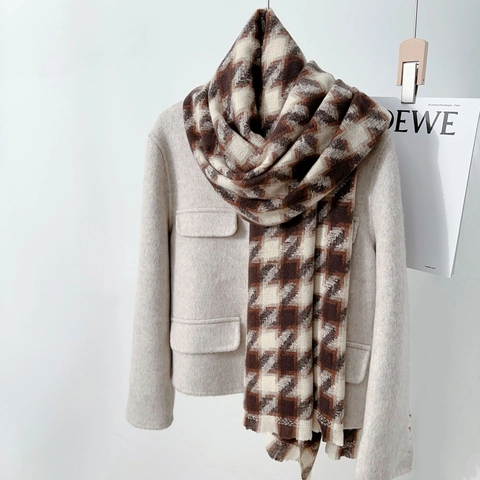 Vintage Houndstooth Plaid Scarf Thick Warm Winter Scarf For Women Men Polyester Soft Large Wrap Shawl Accessories