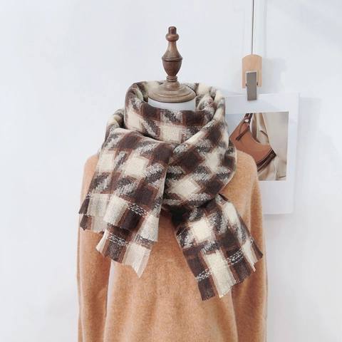 Vintage Houndstooth Plaid Scarf Thick Warm Winter Scarf For Women Men Polyester Soft Large Wrap Shawl Accessories