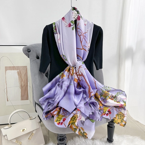 Elegante Satijnen Sjaal Met Magnoliabloemen Print Voor Dames Lichtgewicht Zonbescherming Lange Sjaal Polyester Wikkel