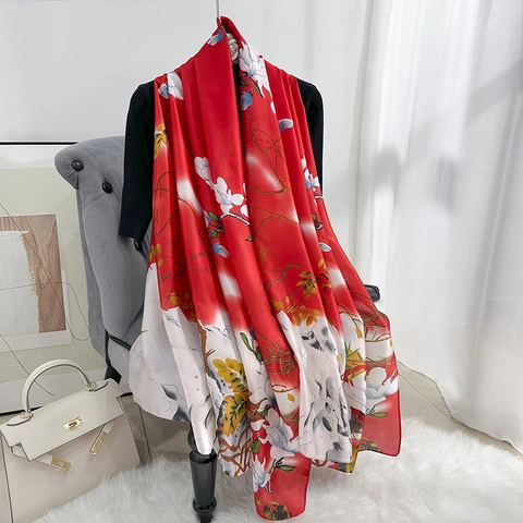 Elegante Satijnen Sjaal Met Magnoliabloemen Print Voor Dames Lichtgewicht Zonbescherming Lange Sjaal Polyester Wikkel