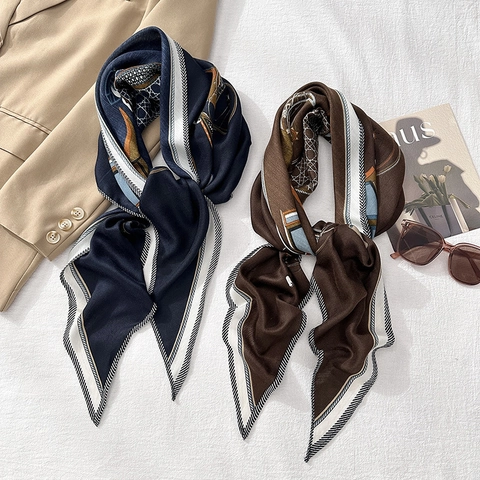 Damen Retro Reitsport Print Quadratischer Schal Satin Fischgrätenmuster Schal Französisch Elegant Dunkelblau Bedruckt Schal