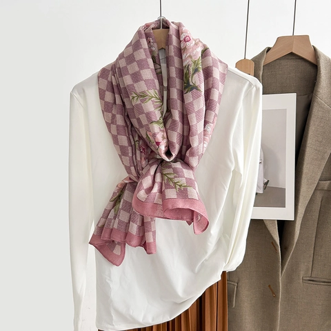 Bloemenprint Schaakbord Sjaal Voor Vrouwen Polyester Retro Grote Omslagdoek Zacht Lichtgewicht Mode Sjaal Voor Herfst Winter