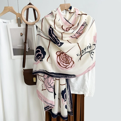 Women Elegant Camellia Rose Print Scarf Sun Protection Shawl Large Floral Pattern Soft Polyester Scarf Daily Beach Wrap